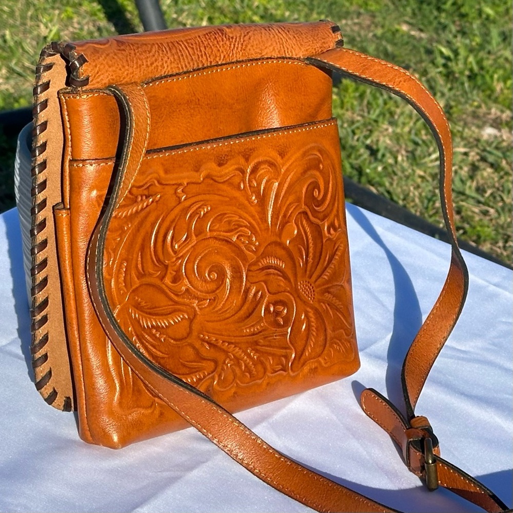 Tooled Leather Crossbody Bag - Tan - Picture 2 of 15